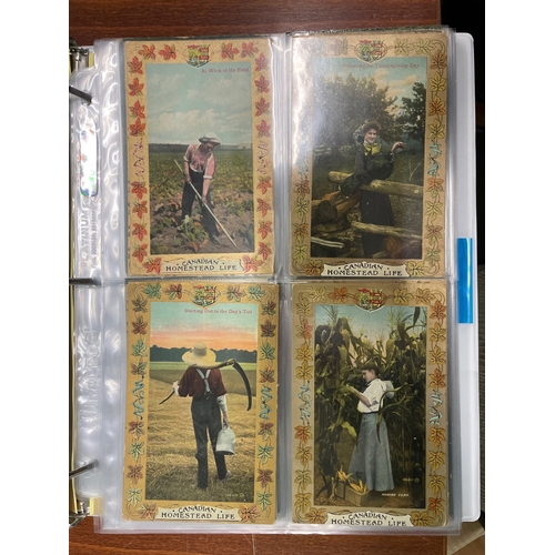 58 - Foreign. Canada. Coln. in album with flags, crests, multi views, rural scenes etc. Many in sets/part... 