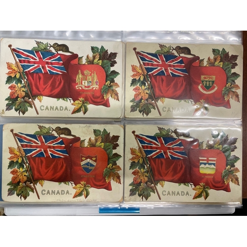 58 - Foreign. Canada. Coln. in album with flags, crests, multi views, rural scenes etc. Many in sets/part... 