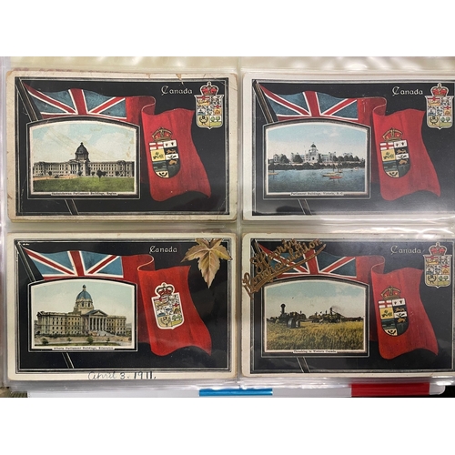 58 - Foreign. Canada. Coln. in album with flags, crests, multi views, rural scenes etc. Many in sets/part... 