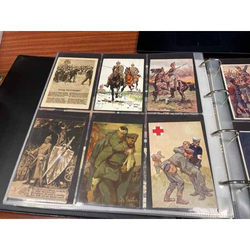 72 - Military. Mostly German WWI coln. in large modern album with greetings, romance, battle scenes, lead... 