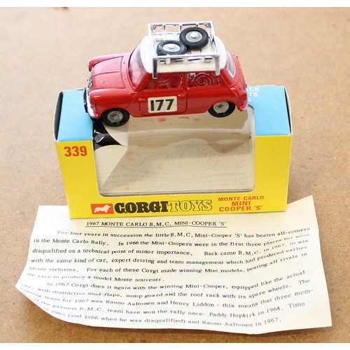 249 - Corgi. No. 339 Mini Cooper 'S' 1967-71 'MONTE CARLO 1967' red body, white room, RN '177', 2 spare wh... 