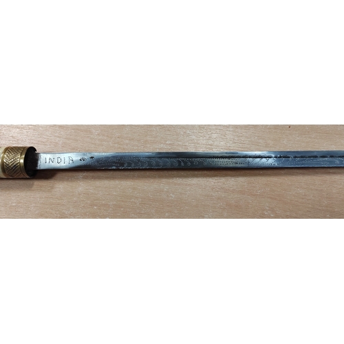 68 - Indian sword cane, ricasso marked India with pattern to 70% of blade, raised brass Lion head on the ... 