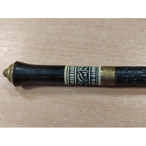 68 - Indian sword cane, ricasso marked India with pattern to 70% of blade, raised brass Lion head on the ... 