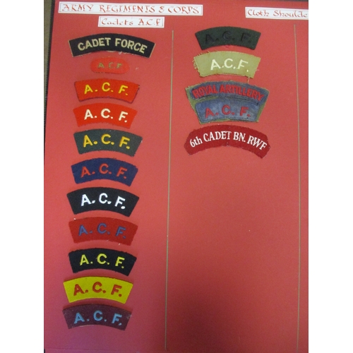 71 - Cloth shoulder title collection mounted on 5 boards with double sided tape, in a carrying case. Main... 