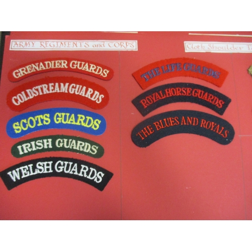 71 - Cloth shoulder title collection mounted on 5 boards with double sided tape, in a carrying case. Main... 