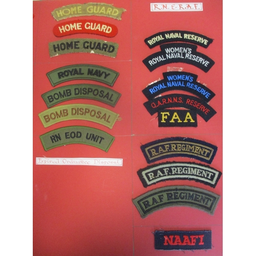 71 - Cloth shoulder title collection mounted on 5 boards with double sided tape, in a carrying case. Main... 