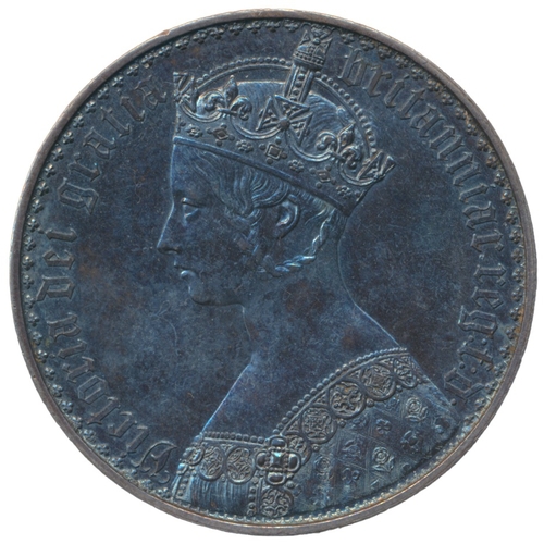 1847 'Gothic' plain edge crown extremely fine, beautiful blue toning to obverse and copper/blue toning to reverse, a wonderfully unique example of a highly sought after coin. (Y)