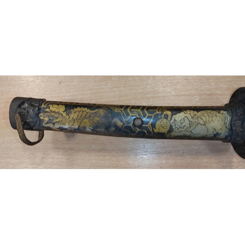 64 - Japanese Tachi with decorative metal scabbard, writing etched on one side of blade, blade length App... 