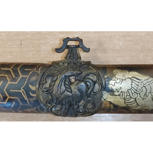 64 - Japanese Tachi with decorative metal scabbard, writing etched on one side of blade, blade length App... 
