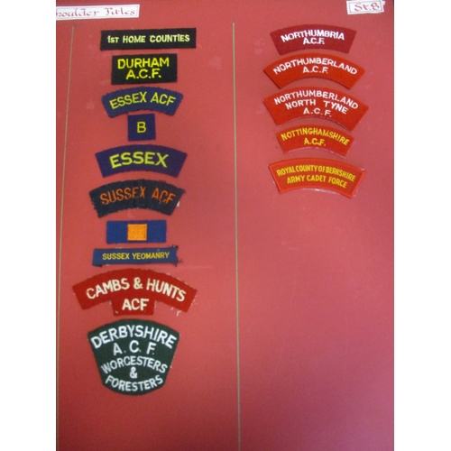 71 - Cloth shoulder title collection mounted on 5 boards with double sided tape, in a carrying case. Main... 