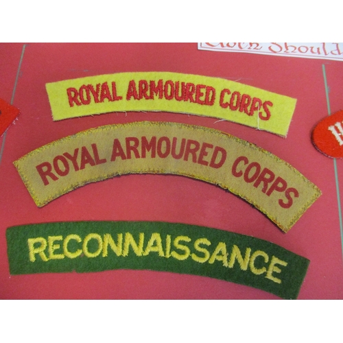 71 - Cloth shoulder title collection mounted on 5 boards with double sided tape, in a carrying case. Main... 