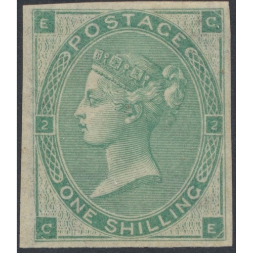 1862 1/- deep green, pl 2=3 (hairlines), CE, superb unused o.g. imperf example of this rare 'abnormal' issue. Very rarely seen so fine. On SG purchase card. Cat £7,250 (SG91a) (R)