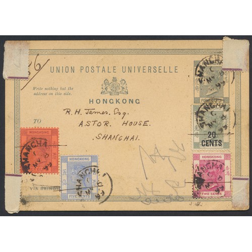 Hong Kong. Postal History. Range of QV-QEII covers and cards, noting 1899 Hong Kong 4d postal stationary card uprated to 41c and used at Shanghai (with pieces of selvedge adhered to corners), also 1894 Macao 30r stationary card to Amoy, pair of 1910 Macao bisect covers (faults), 1937 Hong Kong-Peking FFC, 1945 Shanghai to GB internee cover bearing 'Internee mail free / of postage / Shanghai PO' boxed cachet, a range of Paquebot covers, etc. Also incl world issues in 2 small vols and loose. Mixed cond., so viewing recommended. (½B)