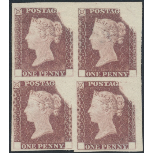 1840 Rainbow colour trials pristine 1d block of 4 in a deep red-brown shade (state 3) on white wove paper. (SG Spec DP20 C) (Cat £2000 per single). A fine and rare multiple. (S)