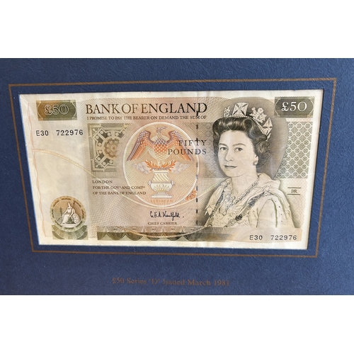152 - G.E.A. Kentfield. 1981 series D last £10 KR30 and £50 E30 in leather binder uncirculated. (Duggleby ... 