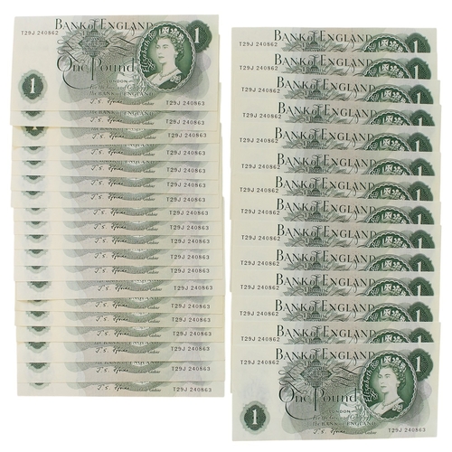 163 - J.S. Fforde. Run of 48 identical £1 notes each numbered T29J 240862/T29J 240863 'slip and stick' err... 