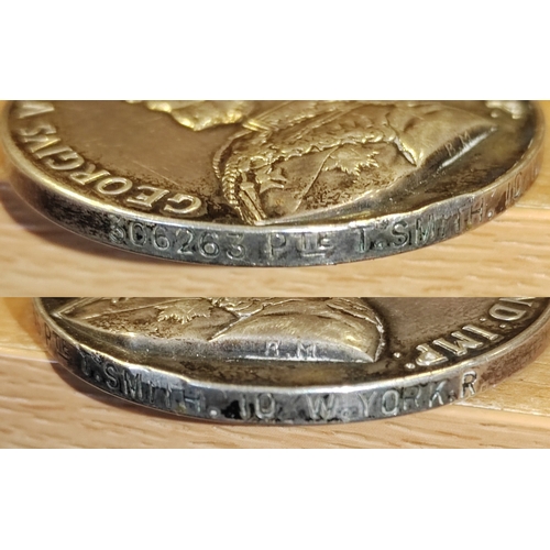 34 - WW1 Military Medal to 306263 Pte T.Smith. 10/W. York. R., BWM and Victory Medal to 3676 Pte T.Smith.... 