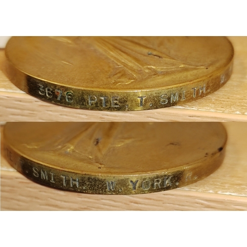 34 - WW1 Military Medal to 306263 Pte T.Smith. 10/W. York. R., BWM and Victory Medal to 3676 Pte T.Smith.... 