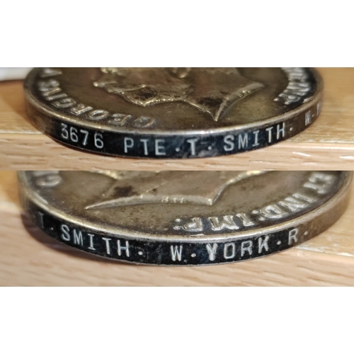 34 - WW1 Military Medal to 306263 Pte T.Smith. 10/W. York. R., BWM and Victory Medal to 3676 Pte T.Smith.... 