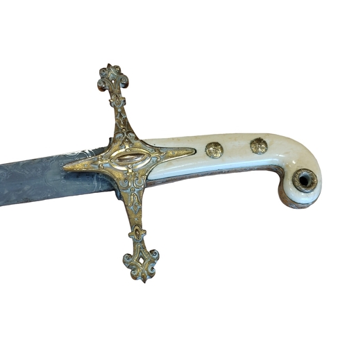 48 - Mameluke sword with metal scabbard, false edge, 80% of blade ornately etched, ricasso marked Moore &... 