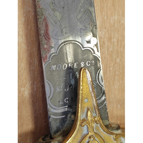 48 - Mameluke sword with metal scabbard, false edge, 80% of blade ornately etched, ricasso marked Moore &... 