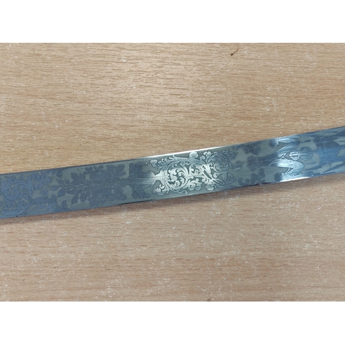 48 - Mameluke sword with metal scabbard, false edge, 80% of blade ornately etched, ricasso marked Moore &... 