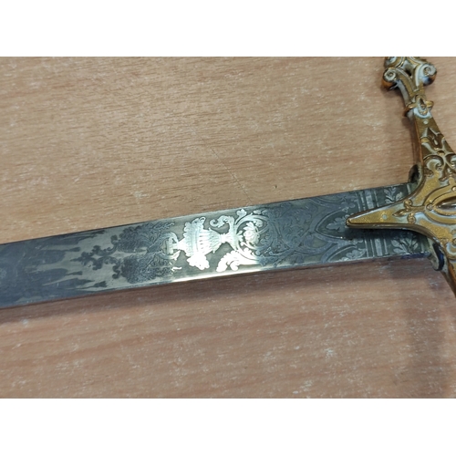 48 - Mameluke sword with metal scabbard, false edge, 80% of blade ornately etched, ricasso marked Moore &... 