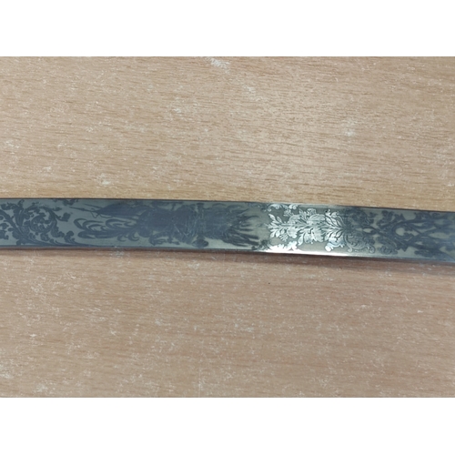 48 - Mameluke sword with metal scabbard, false edge, 80% of blade ornately etched, ricasso marked Moore &... 