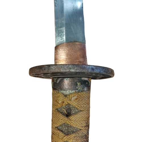 49 - Edged weapon range with Japanese Katana with scabbard, some light pitting and discolouration to blad... 