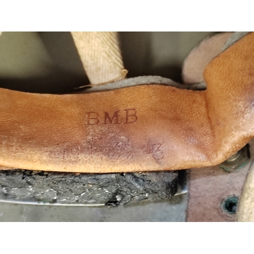 55 - Original British Airborne MK2 leather chinstrap helmet by BMB and dated 1943, size 7, some tears to ... 