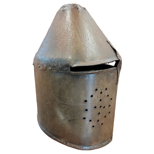 67 - Medieval Great Helm, composed of riveted plates stepped at the front to form a vision slit and circu... 