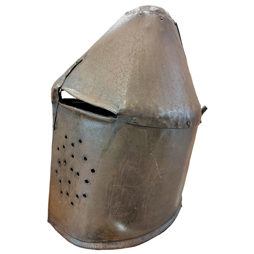 67 - Medieval Great Helm, composed of riveted plates stepped at the front to form a vision slit and circu... 