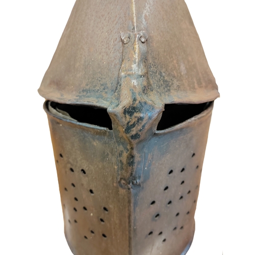 67 - Medieval Great Helm, composed of riveted plates stepped at the front to form a vision slit and circu... 