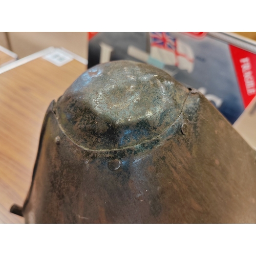 67 - Medieval Great Helm, composed of riveted plates stepped at the front to form a vision slit and circu... 