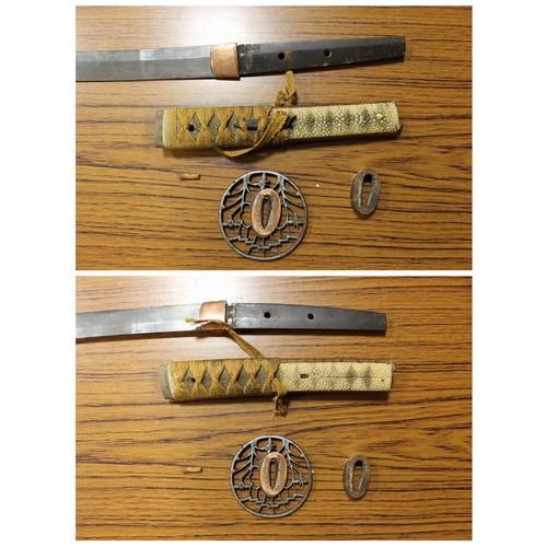 49 - Edged weapon range with Japanese Katana with scabbard, some light pitting and discolouration to blad... 