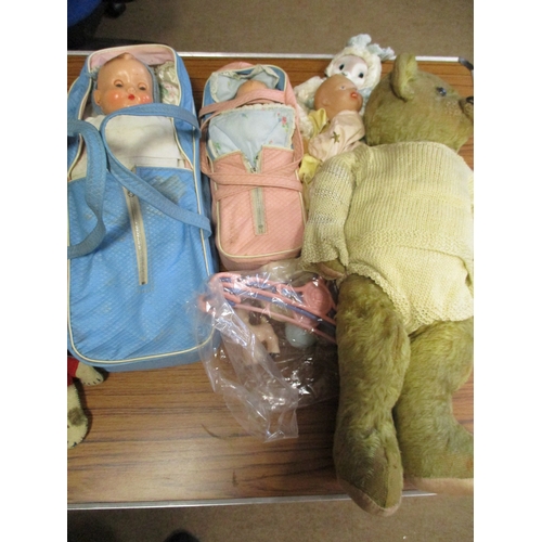 134 - Collection of dolls, including plastic and knitted, some in carriers, teddies and accessories plus A... 