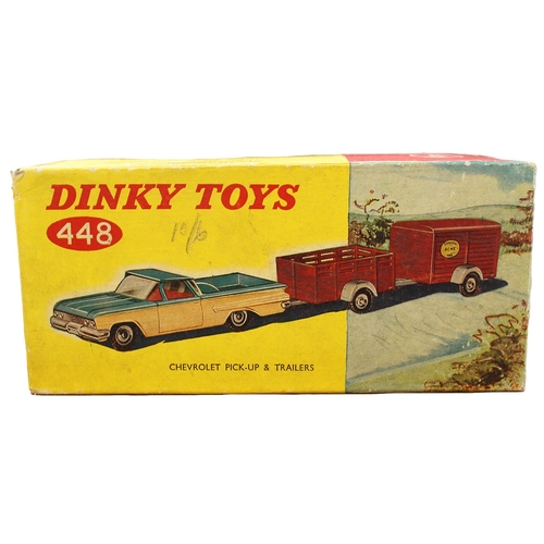 398 - Dinky. Chevrolet Pickup & Trailers, off-white and turquoise body, red interior, No. 448, somewhat pl... 