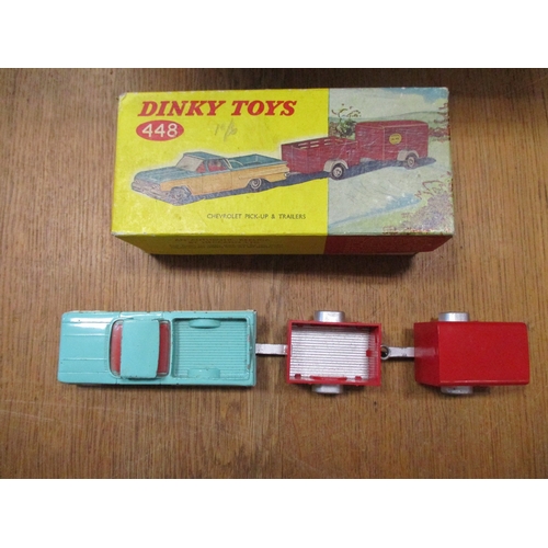 398 - Dinky. Chevrolet Pickup & Trailers, off-white and turquoise body, red interior, No. 448, somewhat pl... 