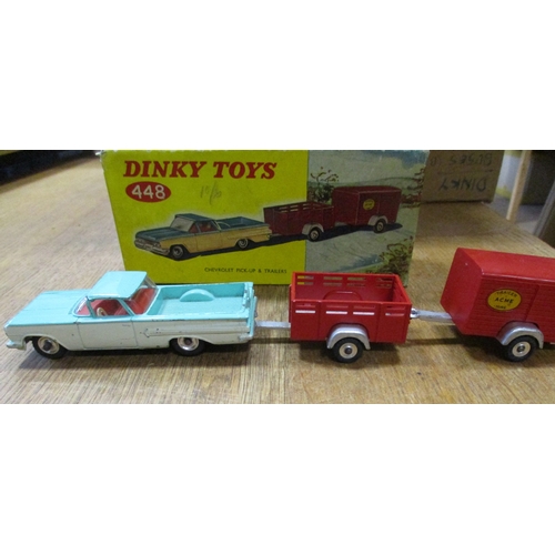 398 - Dinky. Chevrolet Pickup & Trailers, off-white and turquoise body, red interior, No. 448, somewhat pl... 