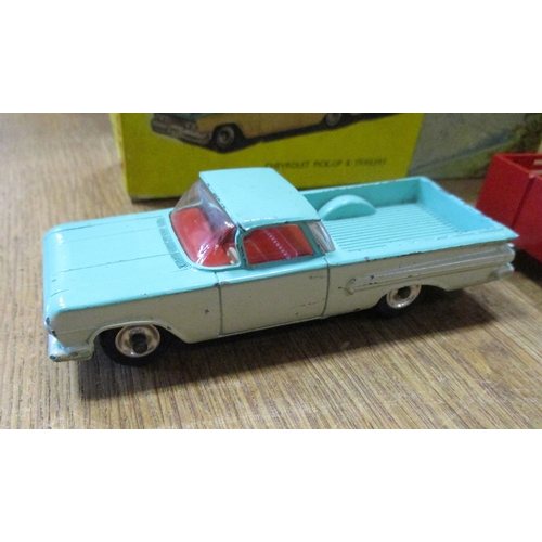 398 - Dinky. Chevrolet Pickup & Trailers, off-white and turquoise body, red interior, No. 448, somewhat pl... 