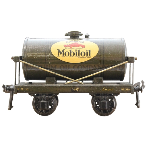 Bassett-Lowke. Unboxed O gauge Tinplate Standard Wagon 'Mobiloil Vacuum Oil' dark green-grey tanker, excellent. (Ramsay W4) (T)