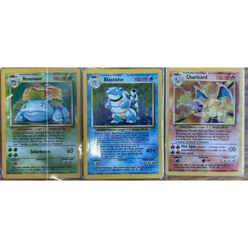 44 - Pokemon. Range with Base Set holographic rare Blastoise (2/102), Charizard (4/102) and Venusaur (15/... 