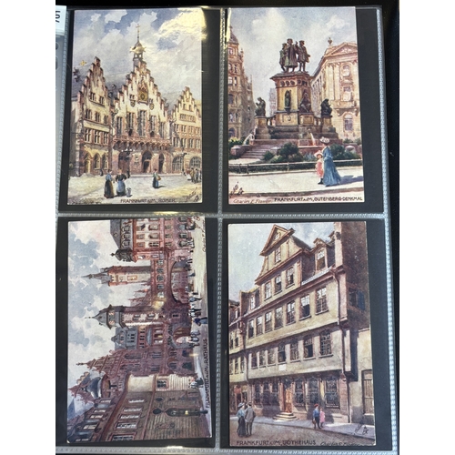 90 - Artists. Charles Flower coln. of German cards, with urban scenes in sets/part sets in 2 modern album... 