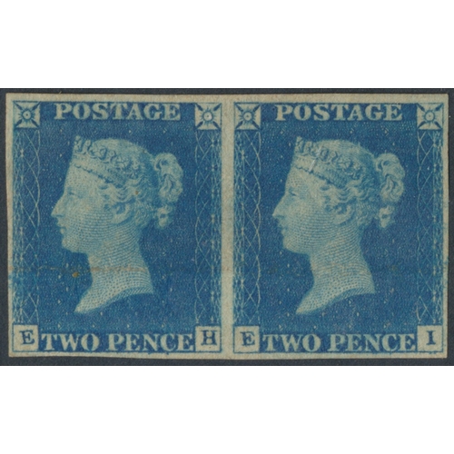 1840 2d unused pair, pl.1, EH-EI, 3 fine margins, margin on the left hand side is close, also horizontal crease across the pair but still a presentable, rare pair. (SG5) Cat £76,000. (S)