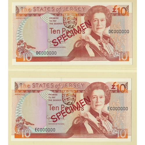 Jersey. Range of uncirculated £10 Specimen issues, with DC000000, EC000000, FC000000, GC000000, HC000000, JC000000, KC000000, LC000000, MC000000, NC000000, PC000000, QC000000, RC000000, SC000000 and TC000000. Qty 15 (BNYB JE34) (R)