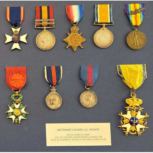 An interesting 'Mafeking' husband and wife group to Lieut Col. Gordon Chesney Wilson, ADC to Baden-Powell during the South African War and later killed in action at the First Battle of Ypres, and Lady Sarah Wilson, daughter of the 7th Duke of Marlborough and aunt to Sir Winston Churchill, who served as a nurse during the South African War and WWI. The Medals professionally mounted in a glass frame, generally very fine and better.

1. Lieut Col. G. C. Wilson, Royal Horse Guards group with Royal Victorian Order (MVO) unnamed as issued, QSA with 2 clasp Defence of Mafeking, Transvaal to Capt G.C. Wilson, R.H. Gds:, WWI 1914 star trio with oak leaf (Lt: Col: G.C. Wilson. M.V.O. R.H.Gds: on star, Lt. Col. G.C. Wilson on BWM and Victory), French Legion d'Honneur, KEVII Coronation Medal, KGV Coronation Medal and Swedish Order of The Sword. Also includes boxed Rowing awards to Wilson from Eton 1884. 

Lieutenant-Colonel Gordon Chesney Wilson was the eldest son of the politician and philanthropist Sir Samuel Wilson and Jean née Campbell. He was a student at Eton College, where he assisted in thwarting Roderick Maclean's assassination attempt on Queen Victoria in 1882. Wilson raised through the ranks at great speed becoming a lieutenant 17/01/85 in the Oxfordshire Light Infantry. He then joined the regular British Army as a second lieutenant on 4/05/87, replacing a dead subaltern in the Royal Horse Guards (Blues). He was promoted to lieutenant on 5/12/88. It was shortly after he met Lady Sarah and despite social disparity between their two families, Lady Sarah accepted his proposal. In November 1895, Wilson and his wife travelled to South Africa to visit the Churchill family's gold mining interests in Johannesburg, however this came to an end due to the growing tensions in S. Africa and Wilson was made ADC to Baden-Powell. By 1901, Wilson was again serving in South Africa, with his residence in the Transvaal. On 28/05/01 he was appointed a Member of the Royal Victorian Order, Fourth Class. 9/8/1902 Wilson was Sovereign Escort at KEVII Coronation, During the inter-war period Wilson had became friends with Sarah's nephew, politician Winston Churchill. In 1910 Wilson spent some time in Jerusalem, and in early 1911 he became involved in his younger brother Clarence's work as part of the Parker Expedition, an attempt to find treasure in excavations of Solomon's Temple. In April the group used a German psychic to attempt to find the Ark of the Covenant. Wilson was promoted to the substantive rank of lieutenant-colonel on 7/10/10 and given command of his regiment. During the First World War the Royal Horse Guards were sent to the Western Front, they entrenched themselves as best they could without the proper tools ready for the First Battle of Ypres, this resulted in heavy losses, On 6 November the Prussian Guards broke through the line in front of the brigade at Kleine Zillebeke, Wilson led his men into action to fill the breech, although turning back the Germans advance, it was Captain Sir George Arthur recorded that: Wilson died around dusk and ...before the threshold of the wood could be reached, the Blues had lost their Colonel. A borrowed rifle in his hand, a cheery laugh bubbling up, Gordon Wilson was a few feet ahead of his men when a bullet pierced his brain. He was killed in action 6/11/14 aged 49 in Ypres, Belgium,and is remembered with honour Zillebeke Churchyard.  

2. Lady Wilson group with 1883 Royal Red Cross (QV first class), The Order of St John (Dame of Grace), QSA to Lady Sarah I. Wilson. Nurse H. Mafeking, WWI 1914 star trio (Lady. S. Wilson. B.R.C.S.& O. St J.J. on star, Lady S. Wilson. on BWM and Victory) and KEVII Coronation Medal.


Lady Sarah was the daughter of the seventh Duke of Marlborough and Aunt to Sir Winston Churchill. Her husband Captain Gordon Wilson served as an ADC to Baden-Powell, so she and her husband took up residence in Mafeking. By the end of September 1898 on instruction of Baden-Powell who was concerned for her safety due to the news of a large force of burgers advancing on Mafeking, she left for Setagoli and shortly after to a farm in Mosita owned by a MrKeeley. A Daily Mail newspaper correspondent was captured and Lady Sarah undertook to send the Daily Mail cables about the siege of Mafeking. 
By November, she met with a representative from Reuter's agency, offering her a basket of carrier pigeons so she can communicate with Mafeking swiftly and safely, however one of the pigeons was captured exposing her identity to General Snyma. With this, she decided to meet with the general to ask for safe return to Mafeking for the exchange of a Boer lady held in Mafeking. This was refused and Lady Sarah was held prisoner in a field hospital. After several months an exchange for Lady Sarah's freedom was arranged and she spent the next five and half months in an under-ground bomb shelter constructed for her. During this time she assisted in and organised the nursing at the casualty hospital. Lady Sarah also served in the First World War working for the British Red Cross and St John Ambulance.

Lot includes copied  South African Memories from diaries written at the time by Lady Sarah Wilson, extracts from the Great Boer War by Byron Farwell, copied MIC, CWGC and LG. (GLASS WILL NOT BE POSTED). (B)