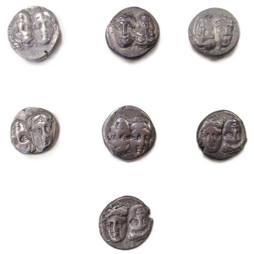 Ancient Greece. Thrace. Black Sea Area. Istros. c400-350 BCE silver staters, obverse two young male heads facing, side by side, one upright, one inverted, reverse IETPIH sea eagle standing left on dolphin left, attacks with beak, different varieties, generally fine. Qty 7 (R)