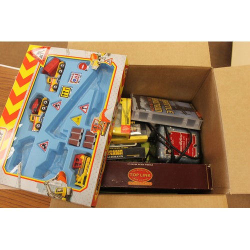 117 - Collection including OO gauge unboxed coaches, track, etc, diecast in frame, soldiers, toys, Mamod, ... 