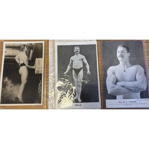 128 - Strongmen. Coln. of loose vintage cards depicting strongmen individual portraits in various poses, i... 