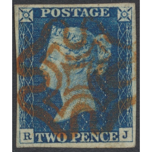 1840 2d blue, pl. 1, 'RJ', with good to large margins all round. Fine used with single central strike of red MC. Good, strong colour. On original SG purchase card. (SG 5) Cat £975 (S)